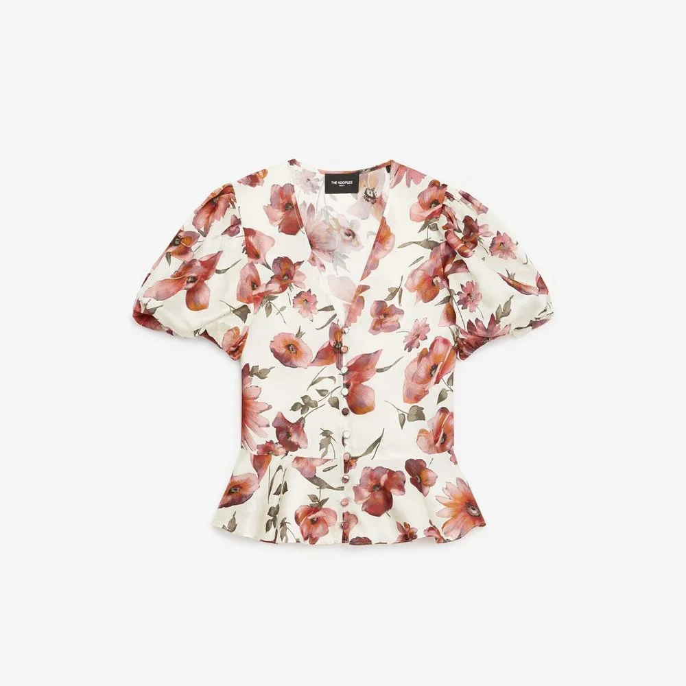 The Kooples Printed Ecru Top 1 Small Floral Motif Peplum Gathered Puff Sleeves - Picture 2 of 7